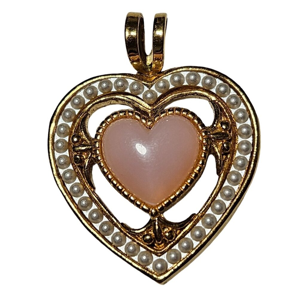Vintage Heart Pendant Pink Stone Faux Pearl Accents Retro 50s Fashion Jewelry